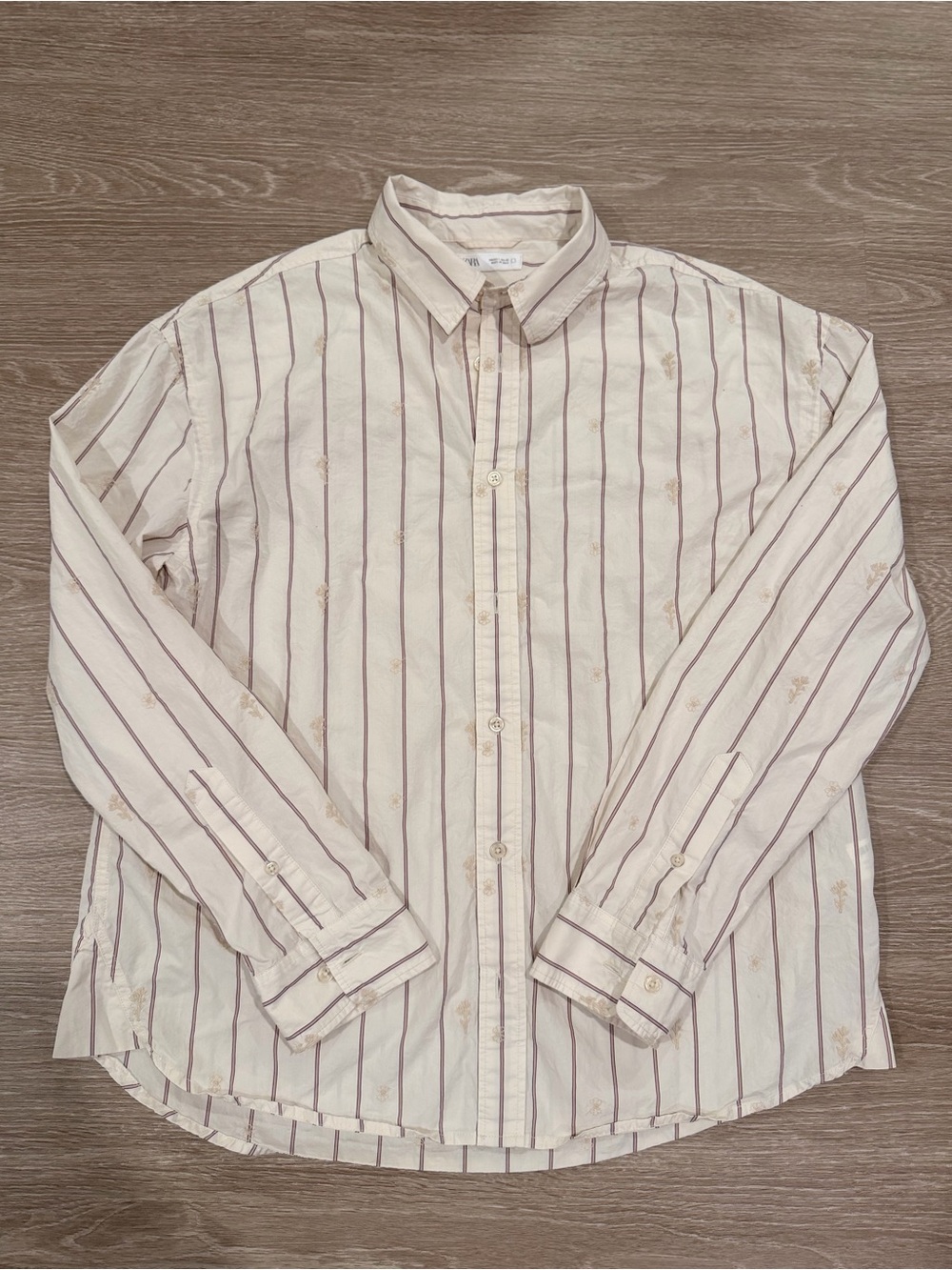 Zara Cream Button-Down Shirt with Brown Stripes